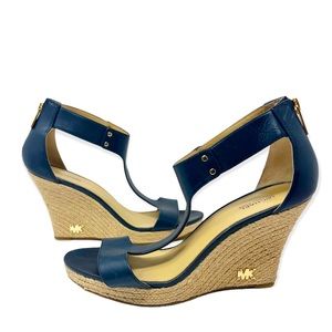 Michael Kors Espadrille Wedge Sandal T-Shape Blue Leather Size 8.5